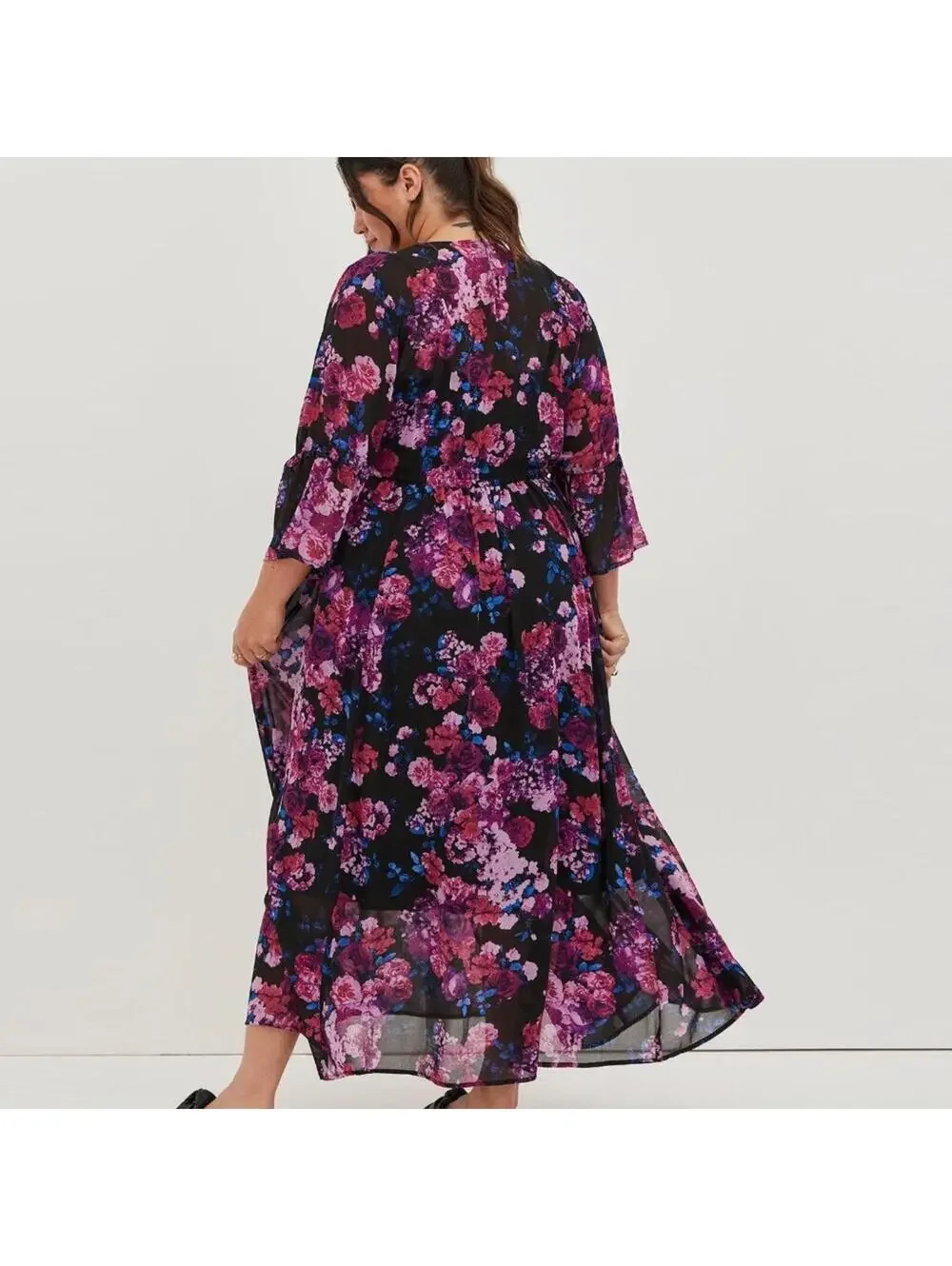 Torrid Maxi Dress 0 Large 12 Pink Purple Blue Floral Chiffon & Black Slip NEW - Picture 3 of 15